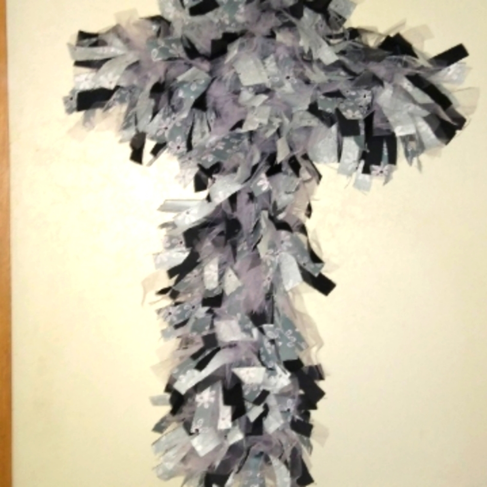 #22 Gray and Pink Flower Cross Fabric Wreath